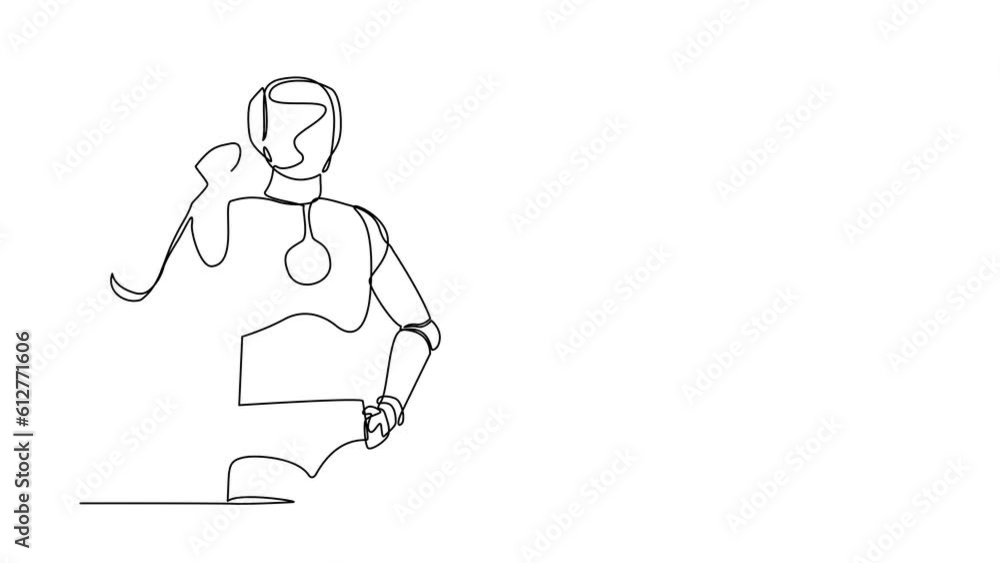 Self drawing animation of single line draw robot standing with pointing his head, thinking something. Feeling optimistic, visionary. Technology development. Continuous line draw. Full length animated Self drawing animation of single line draw robot standing with pointing his head, thinking something. Feeling optimistic, visionary. Technology development. Continuous line draw. Full length animated