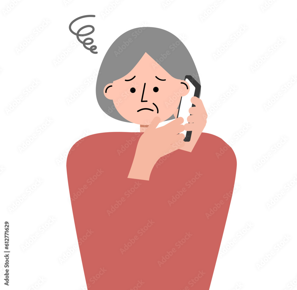 電話を受けて不安な高齢女性のイラスト