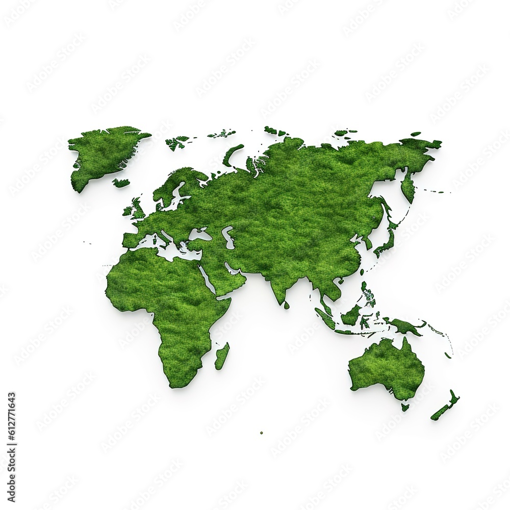 Green World Map 3D tree or forest shape of world map isolated on white