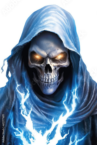 Skeleton figure with glowing blue eyes Hooded skull with fiery blue gaze