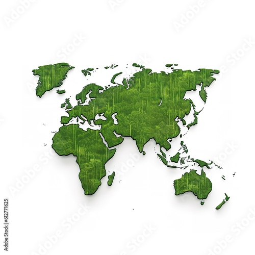Green World Map- 3D tree or forest shape of world map isolated on white background. World Map Green Planet Earth Day or Environment day Concept. Green earth with electric car. Paris agreement concept