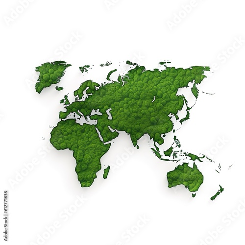 Green World Map- 3D tree or forest shape of world map isolated on white background. World Map Green Planet Earth Day or Environment day Concept. Green earth with electric car. Paris agreement concept