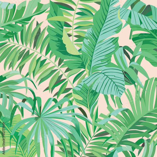 Tropical leaves and plants on light green background  flat line vector and illustration. 