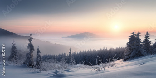 View on the snowy mountains in the Mist