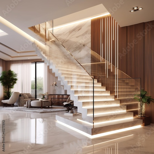 Fényképezés White marble U shape floating stair, led stripe light staircase, tempered glass