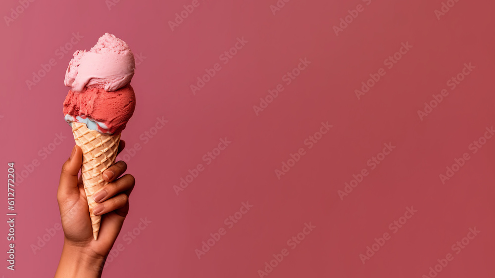 Hand holding Ice Cream Cone with Strawberry Ice cream in a waffle cone ...