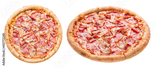 Fotografie, Obraz Delicious pizza with bacon, ham, mozzarella and tomato sauce, cut out