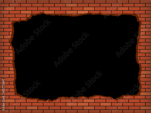 Red brick wall with a black hole. Template for copy space. Vector background