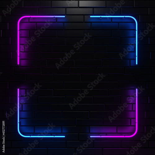 Multicolored glowing neon rectangle on a dark background. Light tubes blue to purple glow