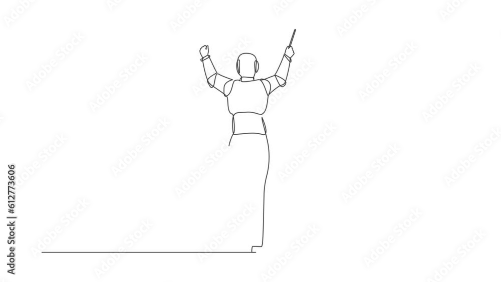 Animated self drawing of continuous one line draw back view of robot conductor performing on stage, directing symphony orchestra. Humanoid robot cybernetic organism. Full length single line animation
