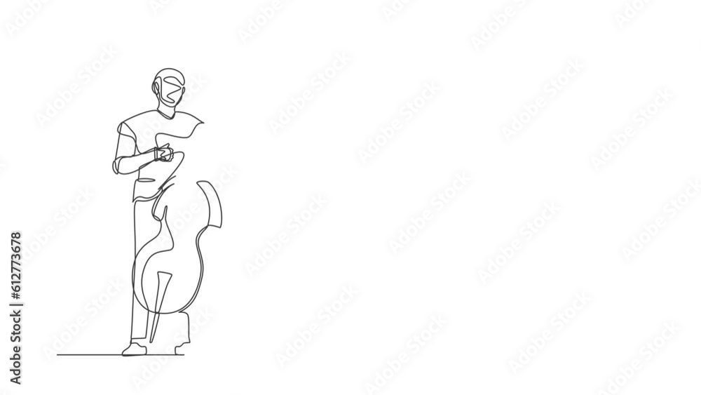 Animated self drawing of continuous line draw robot musician playing double bass or contrabassist with finger. Humanoid robot cybernetic. Future robotic development. Full length single line animation Animated self drawing of continuous line draw robot musician playing double bass or contrabassist with finger. Humanoid robot cybernetic. Future robotic development. Full length single line animation