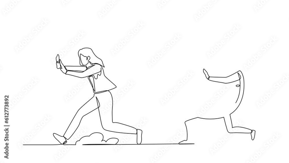 Self drawing animation of single line draw businesswoman being chased by alarm clock. Worker running out of working time. Deadline project. Minimal metaphor. Continuous line draw. Full length animated Self drawing animation of single line draw businesswoman being chased by alarm clock. Worker running out of working time. Deadline project. Minimal metaphor. Continuous line draw. Full length animated
