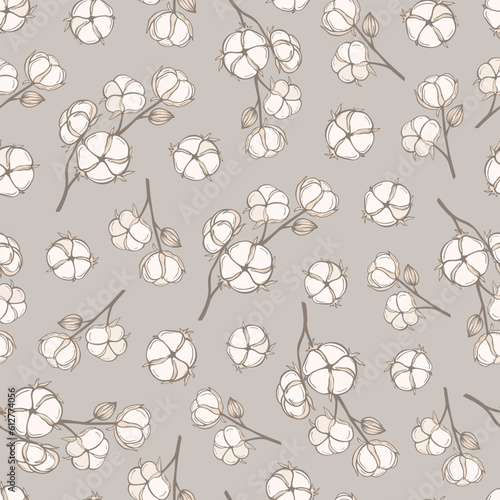 Hand drawn seamless pattern of cottons. Botanical cotton plant and branches with leaves. Decorative floral vector illustration for greeting card, invitation, wallpaper, wrapping paper, fabric
