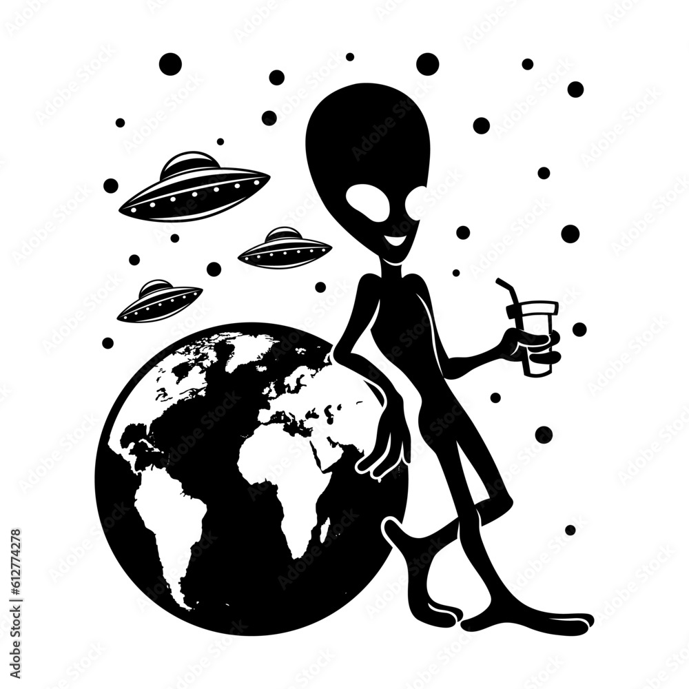 Extraterrestrial alien and planet Earth on white background.