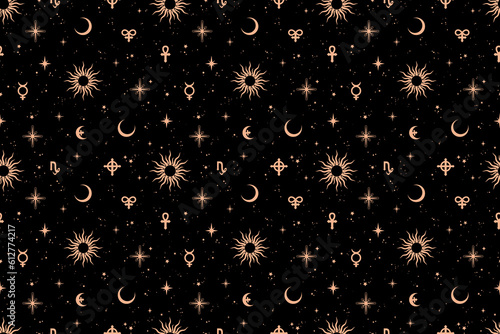 Seamless pattern with different esoteric elements photo