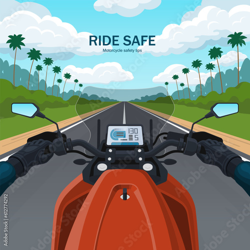 Motorbike ride first person view. Motorcycle road trip POV. Ride safe concept. Biker's hands on the motorcycle handlebar. The view from the biker's eyes to the dashboard, the road and the landscape.