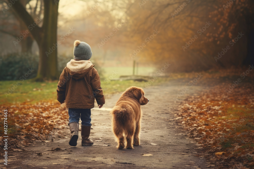 child walks with a dog in an autumn yellow park