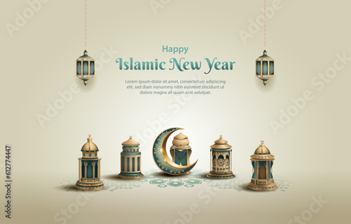 happy islamic new year card design with gold lanterns and crescent moon