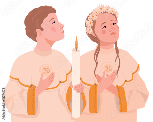 Children during the first communion. Vector illustration. A boy and a girl in white festive clothes pray to God. A ceremony in the Christian tradition, a member of the church receives the Eucharist.