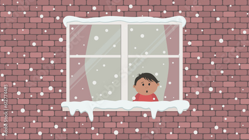 Window on a brick wall on snowy day. Little boy in the room is surprised, looking at the snow. View from the street side. Winter vector illustration
