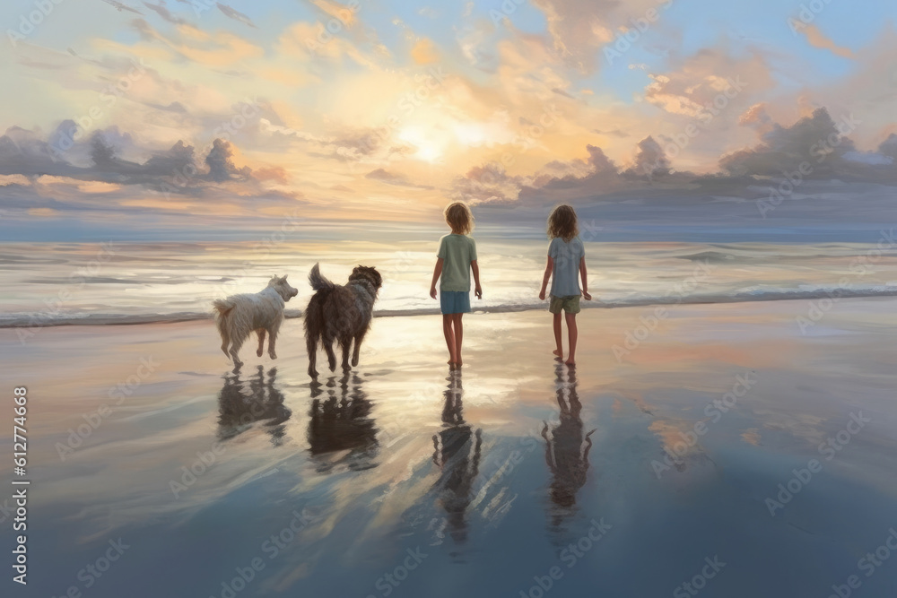 Two children on the sea coast walking with dogs