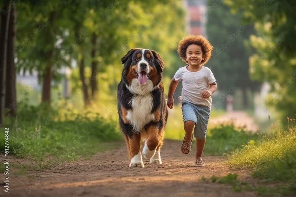 curly-haired child runs next to the dog bernese mountain dog curly-haired child runs next to the dog bernese mountain dog