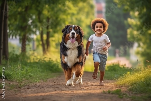 curly-haired child runs next to the dog bernese mountain dog
