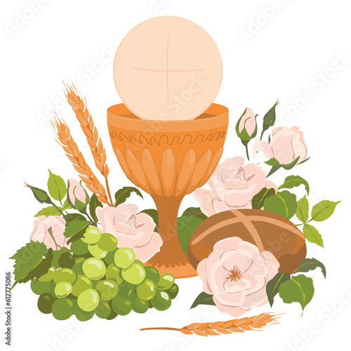 The First communion symbols. Vector. Golden bowl for wine, bread, wine, grapes, white roses. Elements for beautiful invitation design. Festively decorated altar.