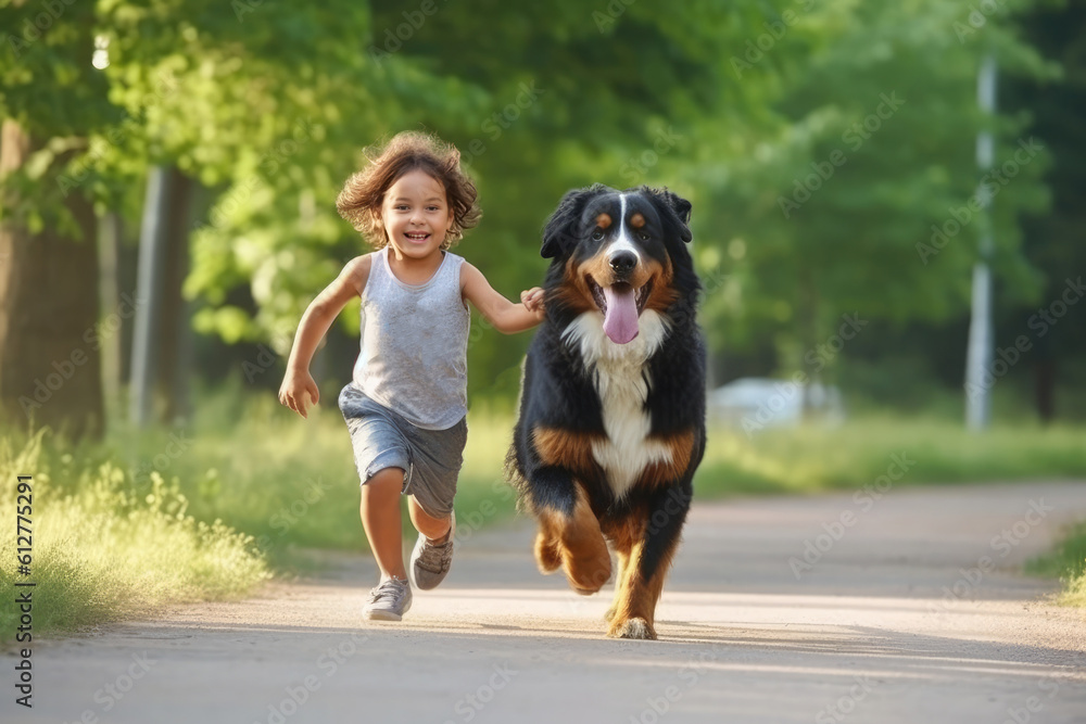 dark-skinned child runs for a walk next to a dog in a summer park dark-skinned child runs for a walk next to a dog in a summer park