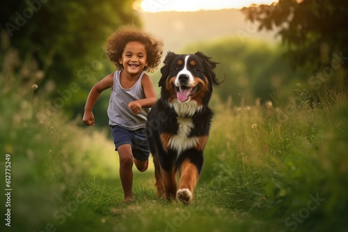 a small dark-skinned child runs for a walk next to a dog in a summer park with green grass, ai generated