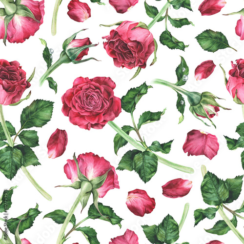 Seamless pattern with pink roses. Watercolor botanical illustration. Isolated on a white background.Hand drawn flower  leaves and petals.For the design of wrapping paper  fabrics  notepads  notebooks