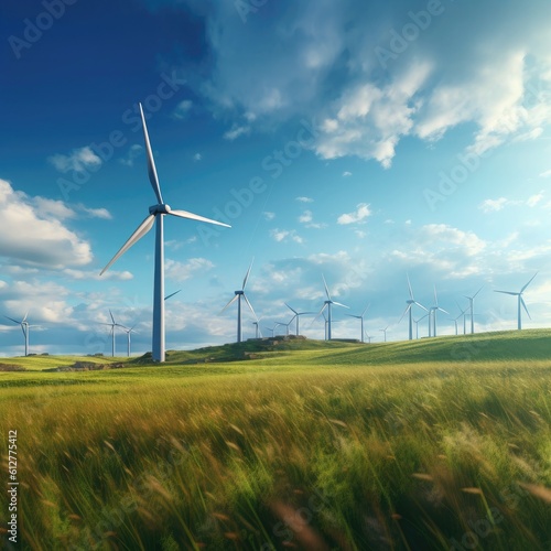 windmills stand in a green field