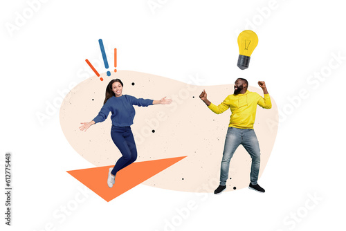 Businesspeople collage partners together have fun celebrate brilliant idea lightbulb teamwork invention isolated on beige background