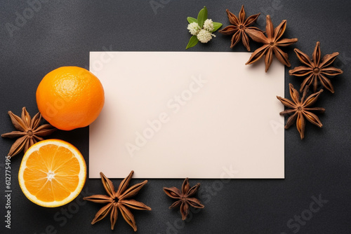 mock-up, blank white sheet, card, anise, oranges, cinnamon, Christmas 