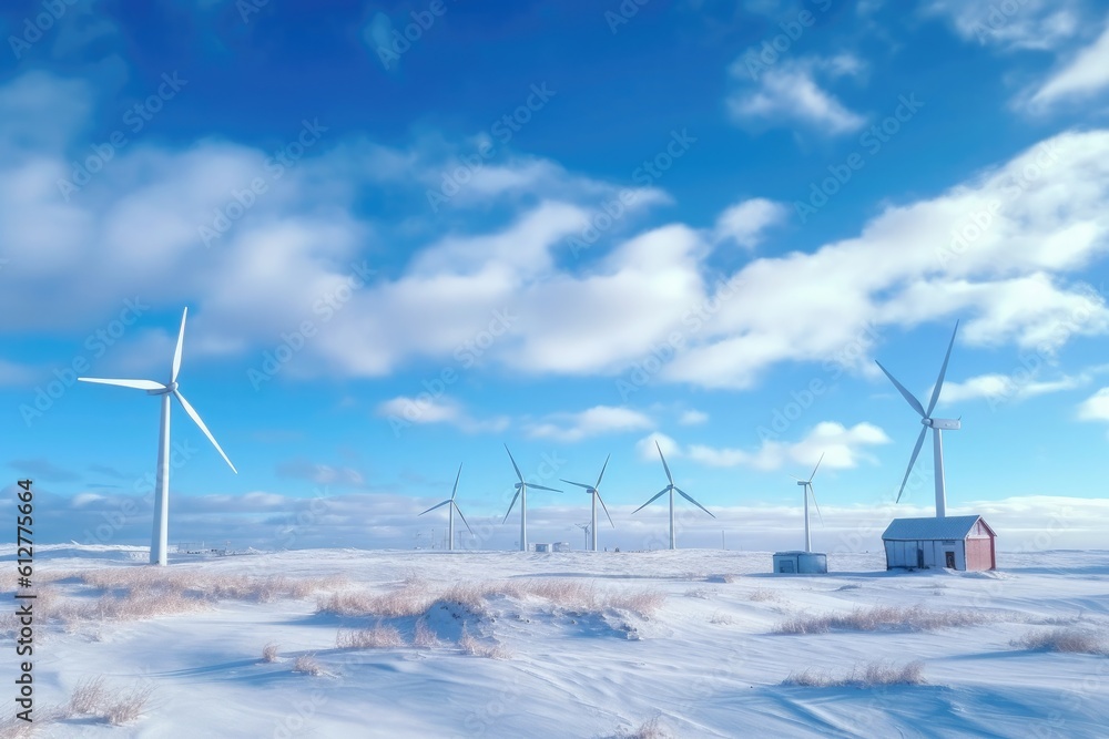 windmills stand in a snowy field