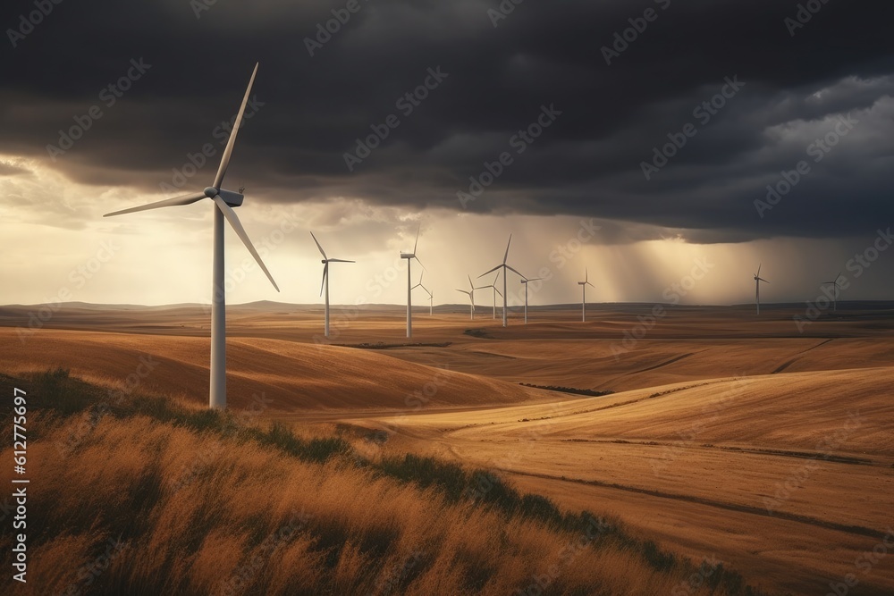 Obraz premium windmills stand in a wheat field