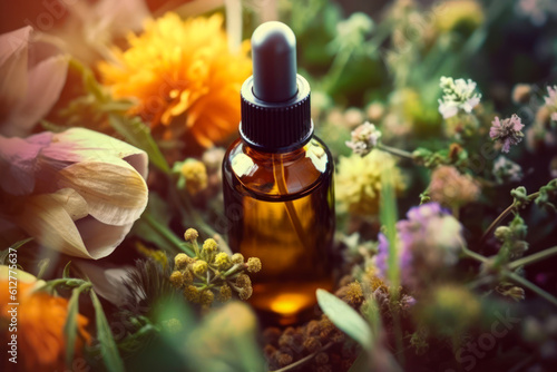 bottle of tincture of field medicinal herbs and flowers generative ai photo
