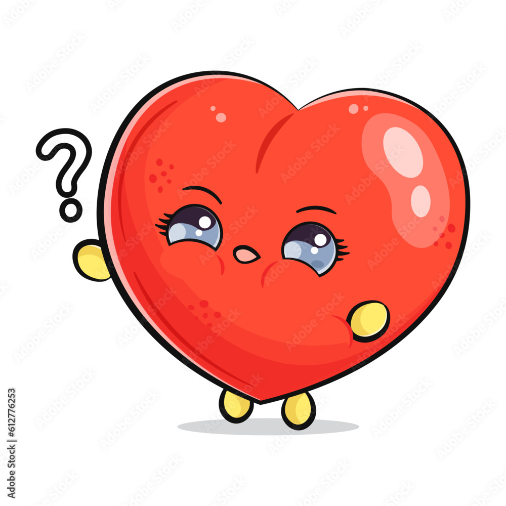 Fototapeta premium Heart shape and question mark. Vector hand drawn cartoon kawaii character illustration icon. Isolated on white background. Heart shape character concept