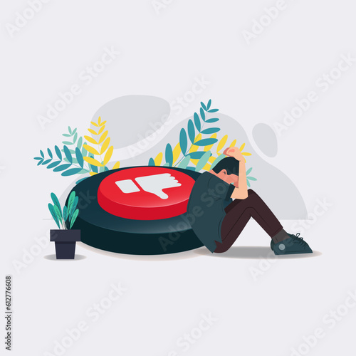 Sad man with red dislike button design vector illustration