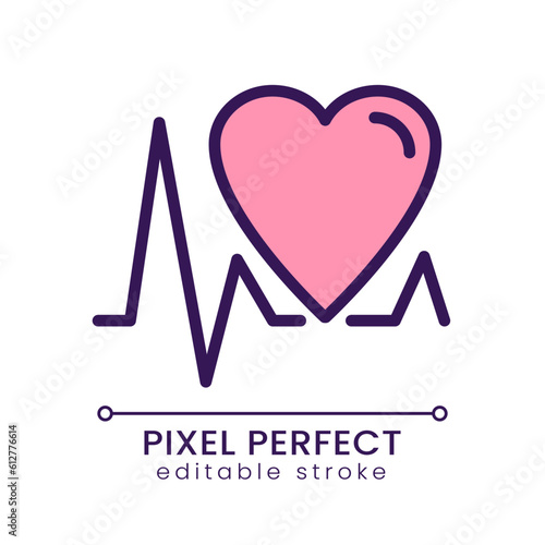Cardiology pixel perfect RGB color icon. Cardiovascular system examination. Medical test. Healthcare. Isolated vector illustration. Simple filled line drawing. Editable stroke. Poppins font used