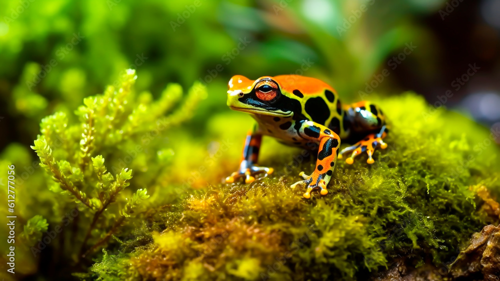Fototapeta premium A Harlequin Frog (Atelopus varius) perched on a moss-covered rock.