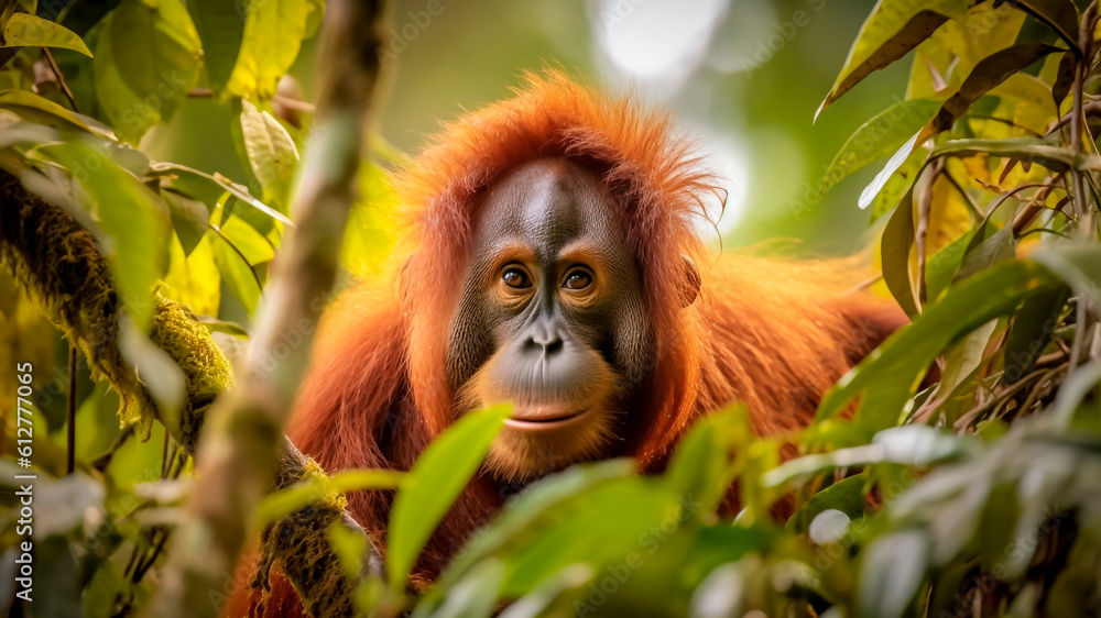 Fototapeta premium Sumatran Orangutan in Lush Rainforest - Captivating Wildlife Imagery, Perfect for Environmental and Conservation Themes.
