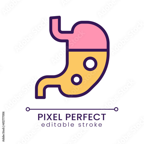 Stomach pixel perfect RGB color icon. Digestive system. Inner human organ. Gastrointestinal tract part. Isolated vector illustration. Simple filled line drawing. Editable stroke. Poppins font used
