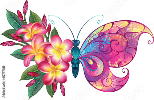 Painted butterfly with pink plumeria