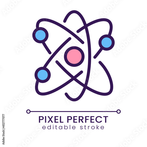 Atom structure pixel perfect RGB color icon. Smallest particle. Molecular structure. Atomic organization. Isolated vector illustration. Simple filled line drawing. Editable stroke. Poppins font used