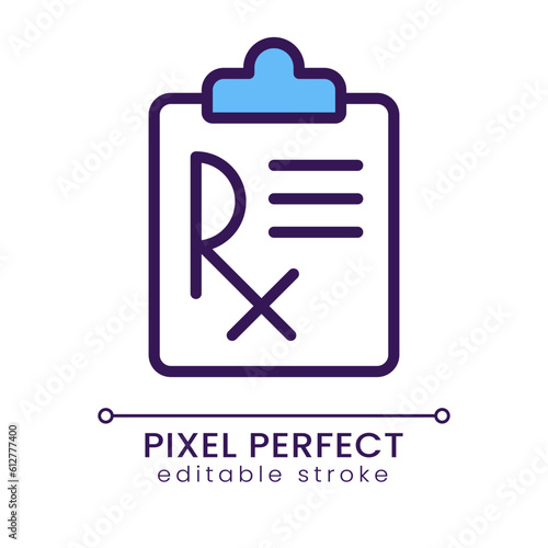 Medical prescription pixel perfect RGB color icon. Disease treatment. Medication therapy. Abbreviation. Isolated vector illustration. Simple filled line drawing. Editable stroke. Poppins font used