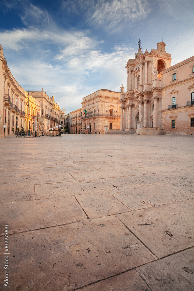 Syracuse, Sicily, Italy. Cityscape image of historical centre of Syracuse, Sicily, Italy with old square and Syracuse Cathedral at sunrise.