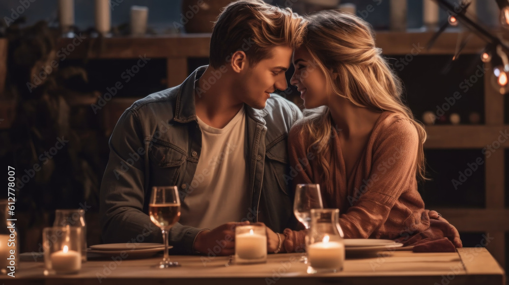 Happy young couple in love having romantic dinner date with candles sitting at table created with generative AI technology