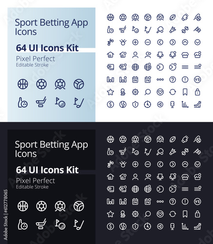 Sport betting app pixel perfect linear ui icons kit for dark, light mode. Gamble on internet. Outline isolated user interface elements for night, day themes. Editable stroke. Poppins font used