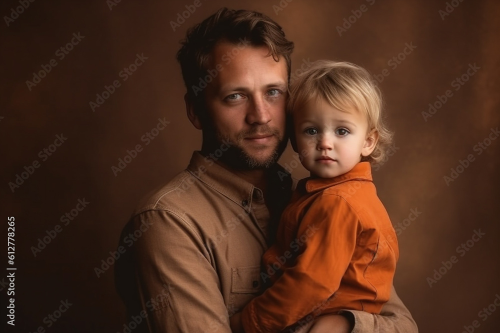 Father with his little son, on brown background. Concept of Father's day, fathers love, relationships dad and child. AI Generative Father with his little son, on brown background. Concept of Father's day, fathers love, relationships dad and child. AI Generative